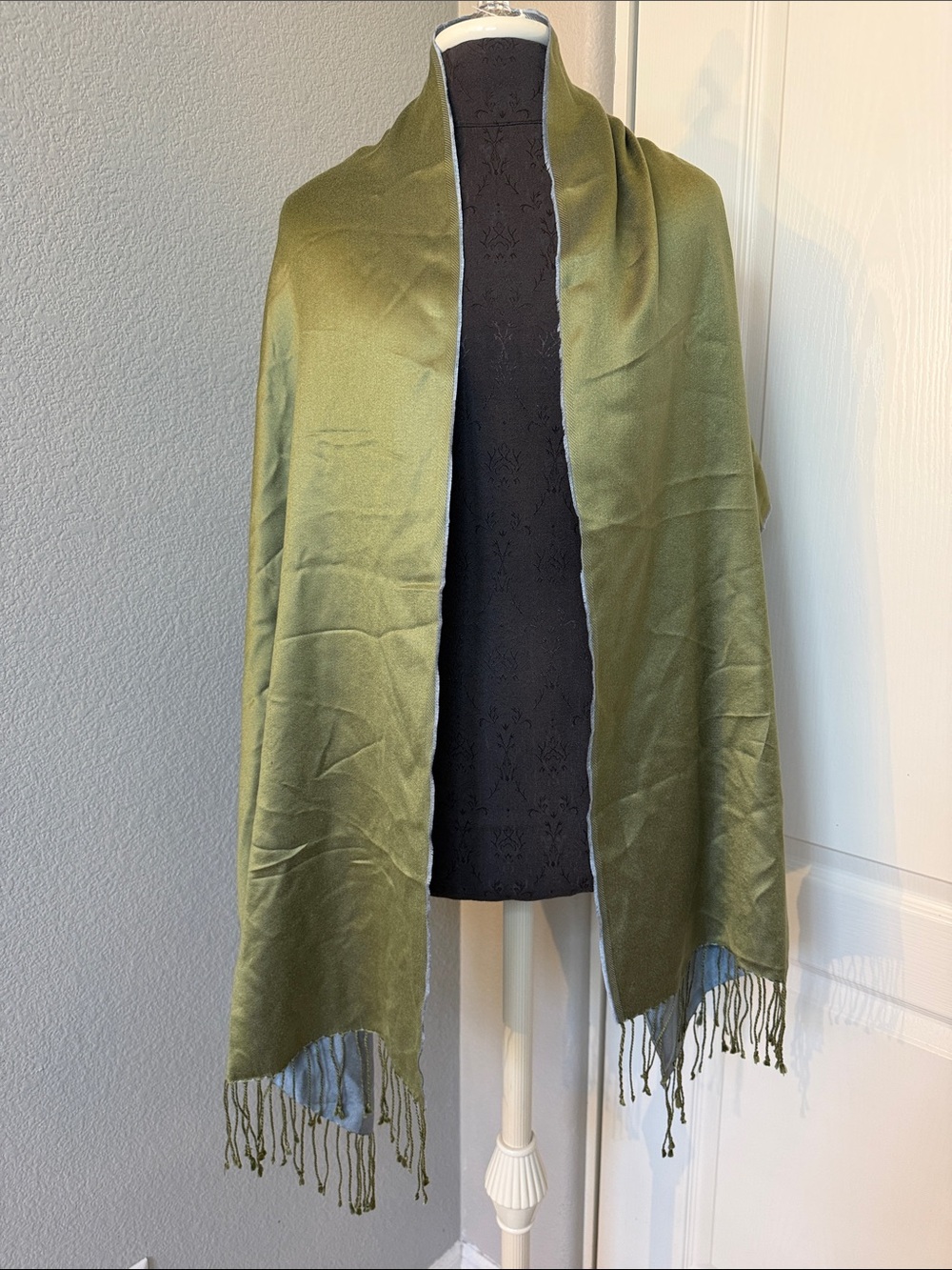 Olive Green Reversible Satin Shawl Pashmina Scarf with Fringe